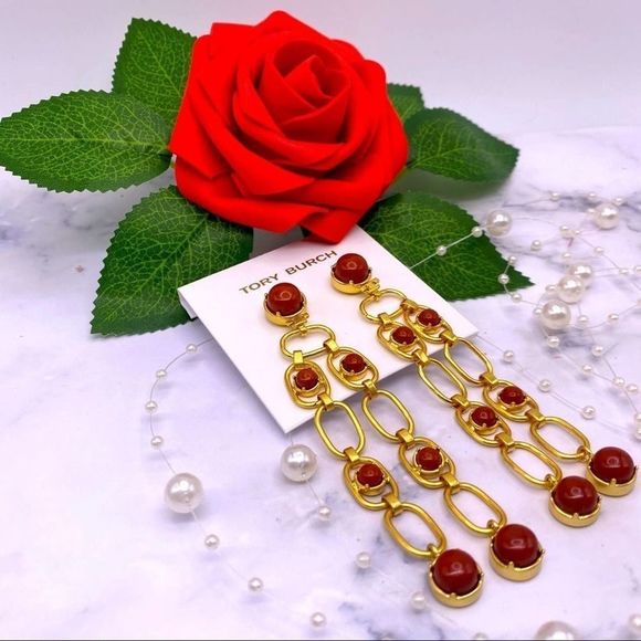 New Tory Burch Gold,Dark Pink Enamel Chain Link Dangle Stud Earrings